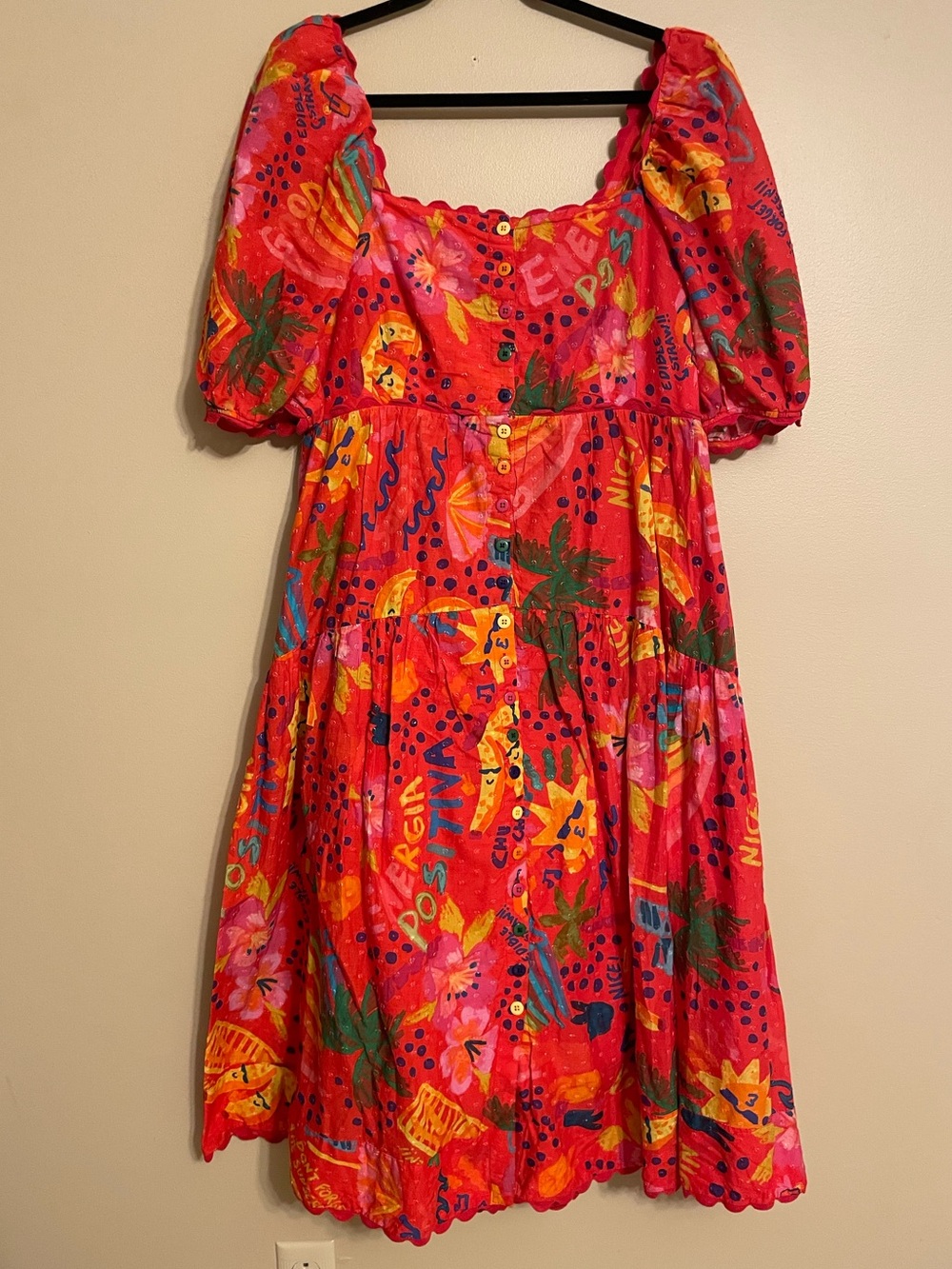 Farm Rio Good Vibes Puff Sleeve Midi Dress Swiss dots cotton Size XL